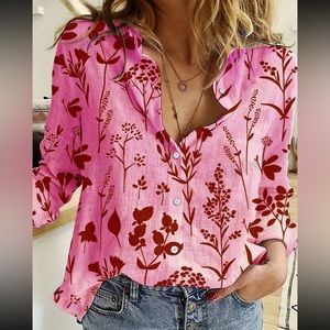 Boho Floral Print Button Down Up Shirt Top Blouse Pink